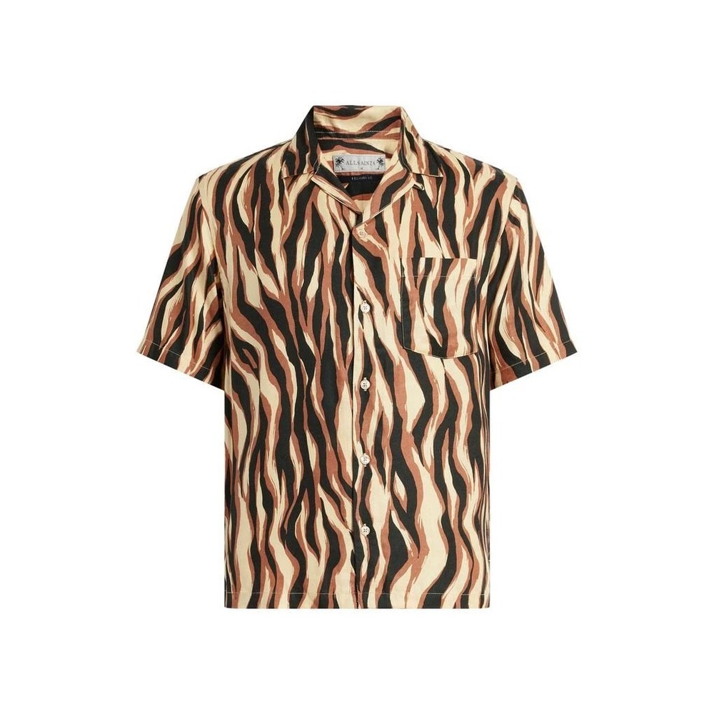$199 NWT AllSaints Fired Camp Shirt Mens XS Brown Tiger Animal Print - Picture 4 of 11